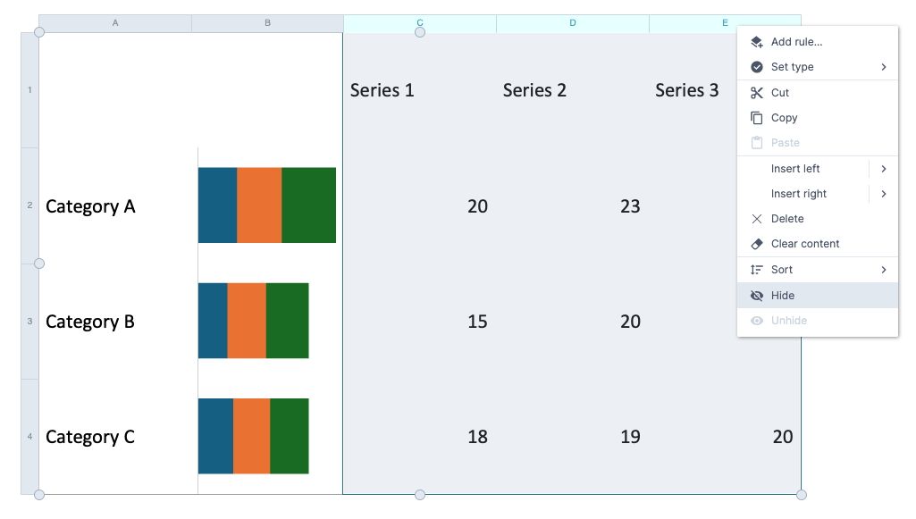 Hide numeric helper columns after linking them to the rule