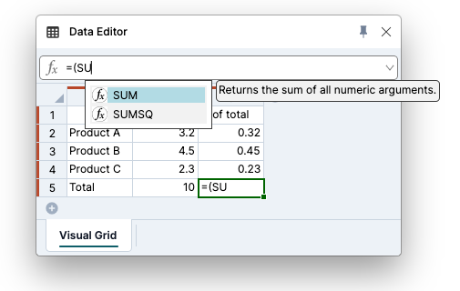 Autocomplete suggests SUM as you enter a formula