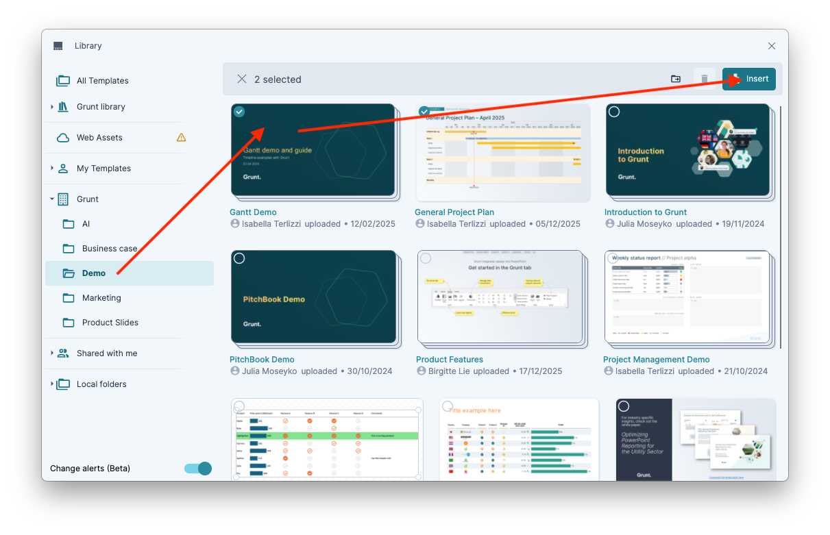 Choose templates in the Content Library and insert them into the presentation