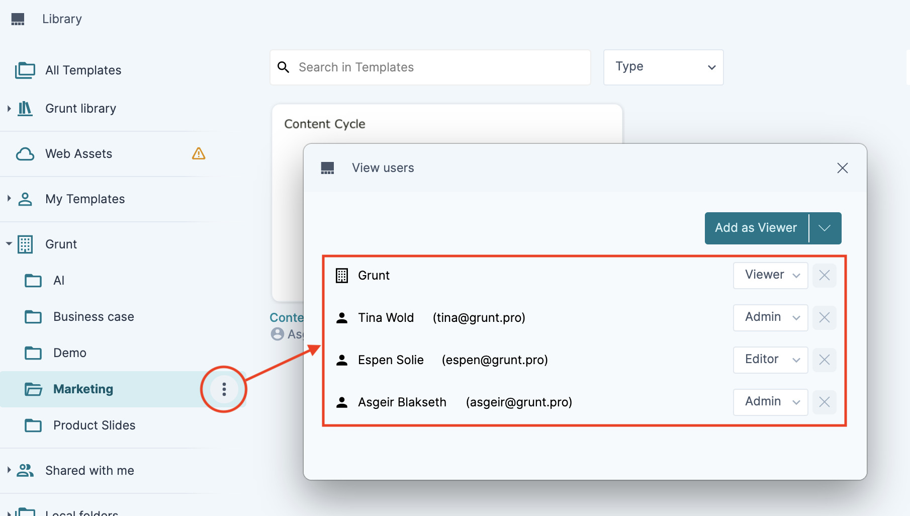 View users shows the people and permissions for a library folder